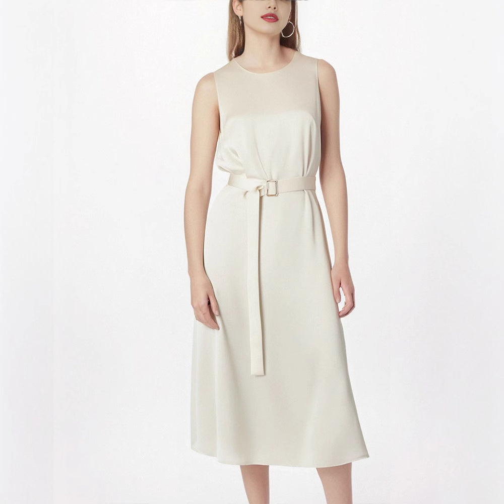 Sleeveless Round Neck Sheath Midi Dress with Belt