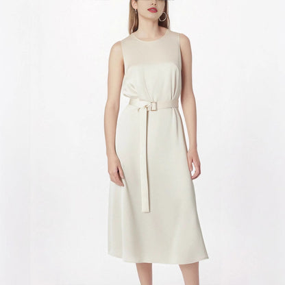 Sleeveless Round Neck Sheath Midi Dress with Belt