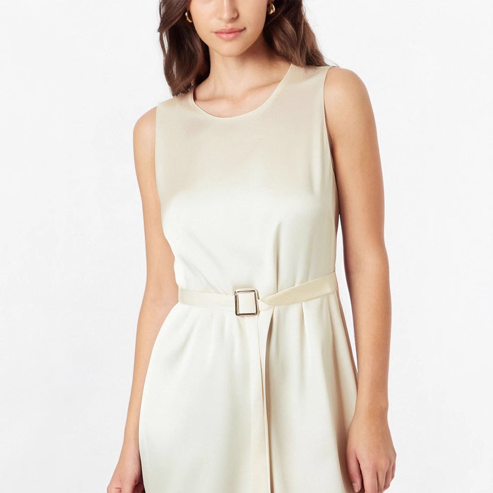 Sleeveless Round Neck Sheath Midi Dress with Belt
