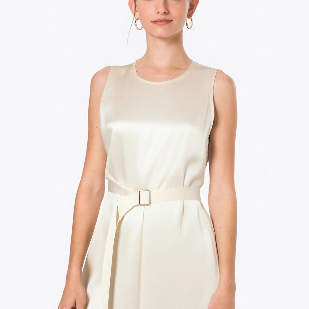 Sleeveless Round Neck Sheath Midi Dress with Belt