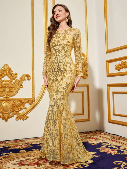 Mermaid Maxi Dress with Long Sleeves and Floral Sequins