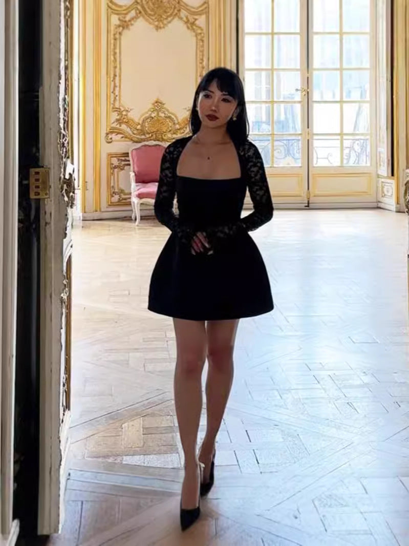 A-Line Mini Dress with Square Neck and Lace Long Sleeves