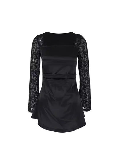 A-Line Mini Dress with Square Neck and Lace Long Sleeves