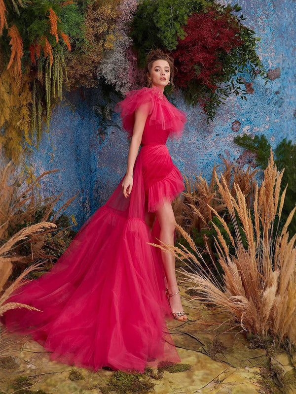 One-Shoulder Tulle Gown with Ruffled High-Low Train