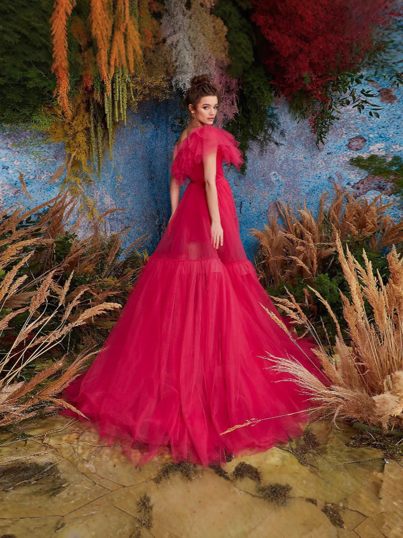 One-Shoulder Tulle Gown with Ruffled High-Low Train