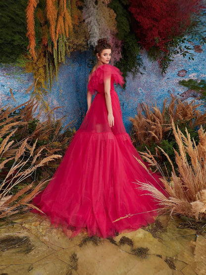 One-Shoulder Tulle Gown with Ruffled High-Low Train