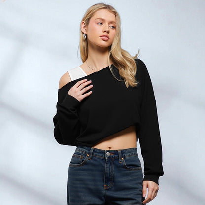 Cropped Long Sleeve Top with Off-Shoulder Neckline