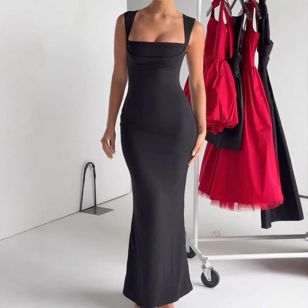 Solid Sheath Maxi Dress with Square Cowl Neck
