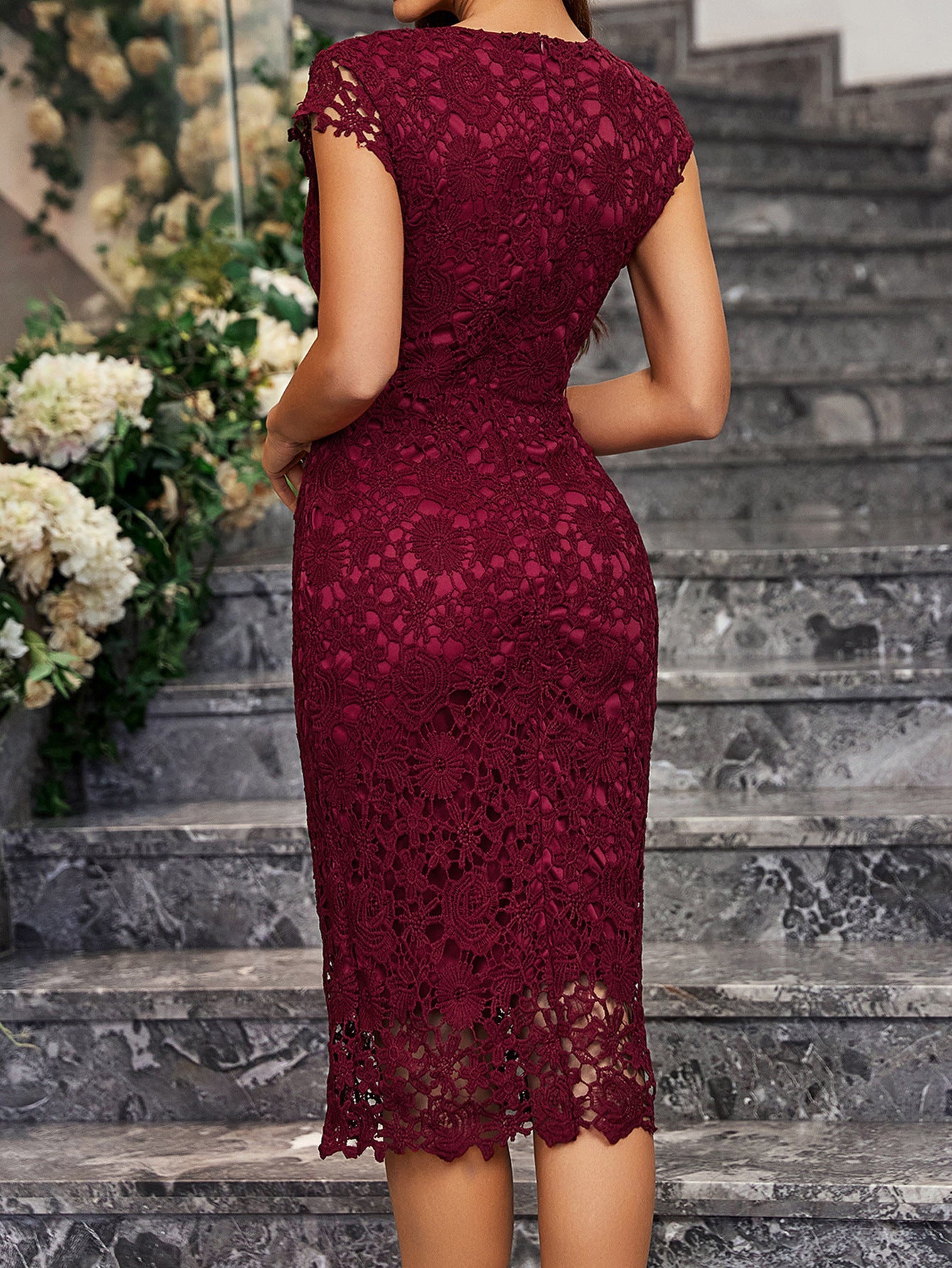 Bodycon Pencil Midi Dress with Lace Overlay
