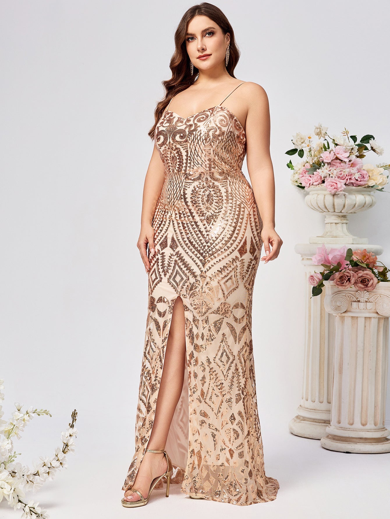 Geometric Sequined Sheath Maxi Dress with Sling Neck and Slit