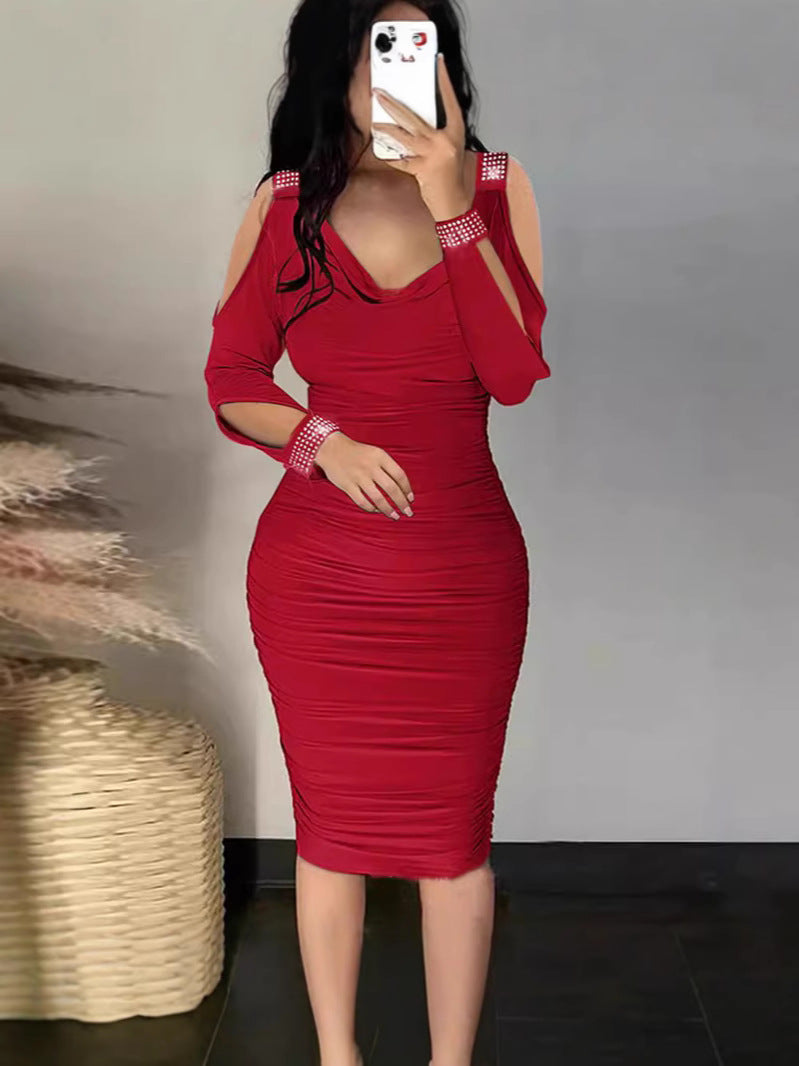 Bodycon Midi Dress with Ruched Detail and Cold Shoulder