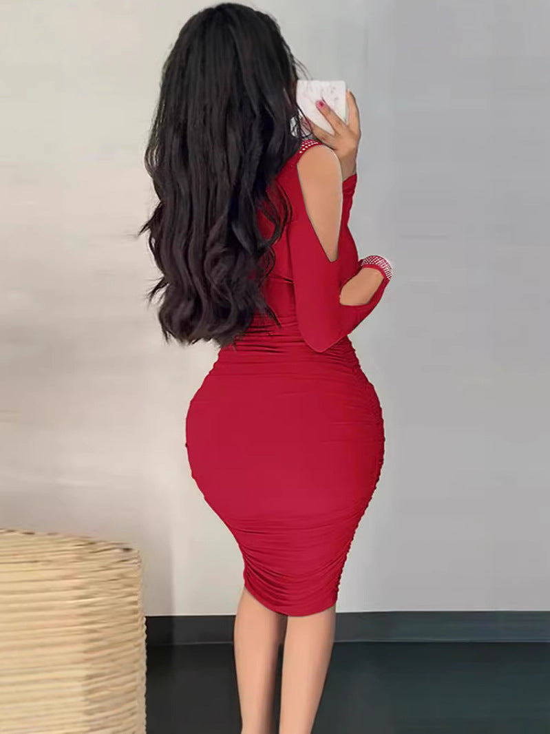 Bodycon Midi Dress with Ruched Detail and Cold Shoulder