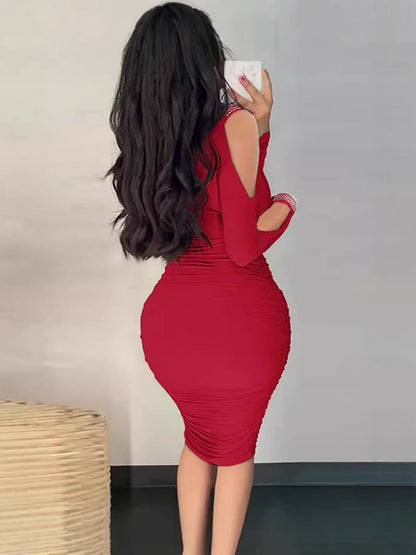 Bodycon Midi Dress with Ruched Detail and Cold Shoulder