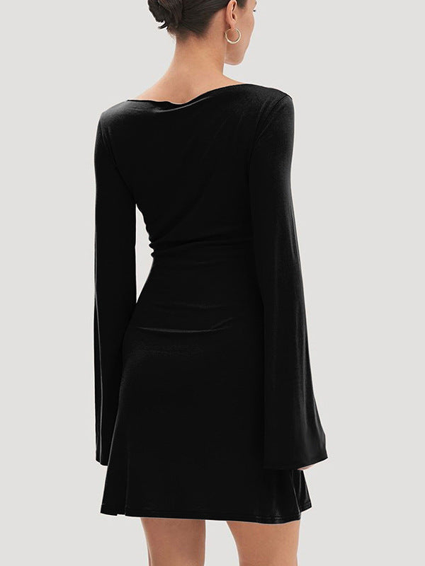 Solid Bodycon Mini Dress with Boat Neck and Bell Sleeves