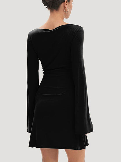 Solid Bodycon Mini Dress with Boat Neck and Bell Sleeves