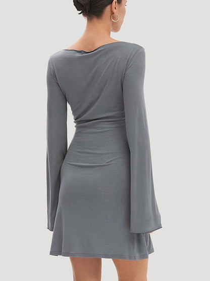 Solid Bodycon Mini Dress with Boat Neck and Bell Sleeves