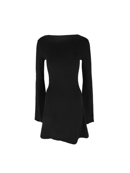 Solid Bodycon Mini Dress with Boat Neck and Bell Sleeves