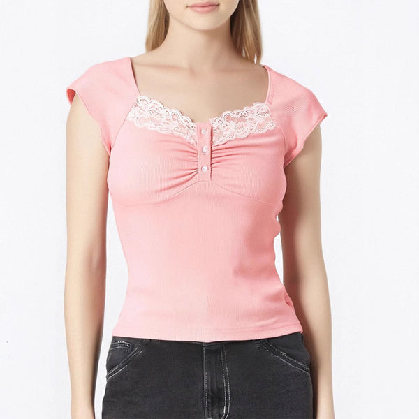 Ribbed Square Neck Top with Lace Trim and Button Detail
