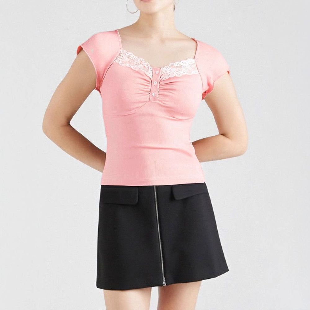Ribbed Square Neck Top with Lace Trim and Button Detail