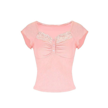 Ribbed Square Neck Top with Lace Trim and Button Detail