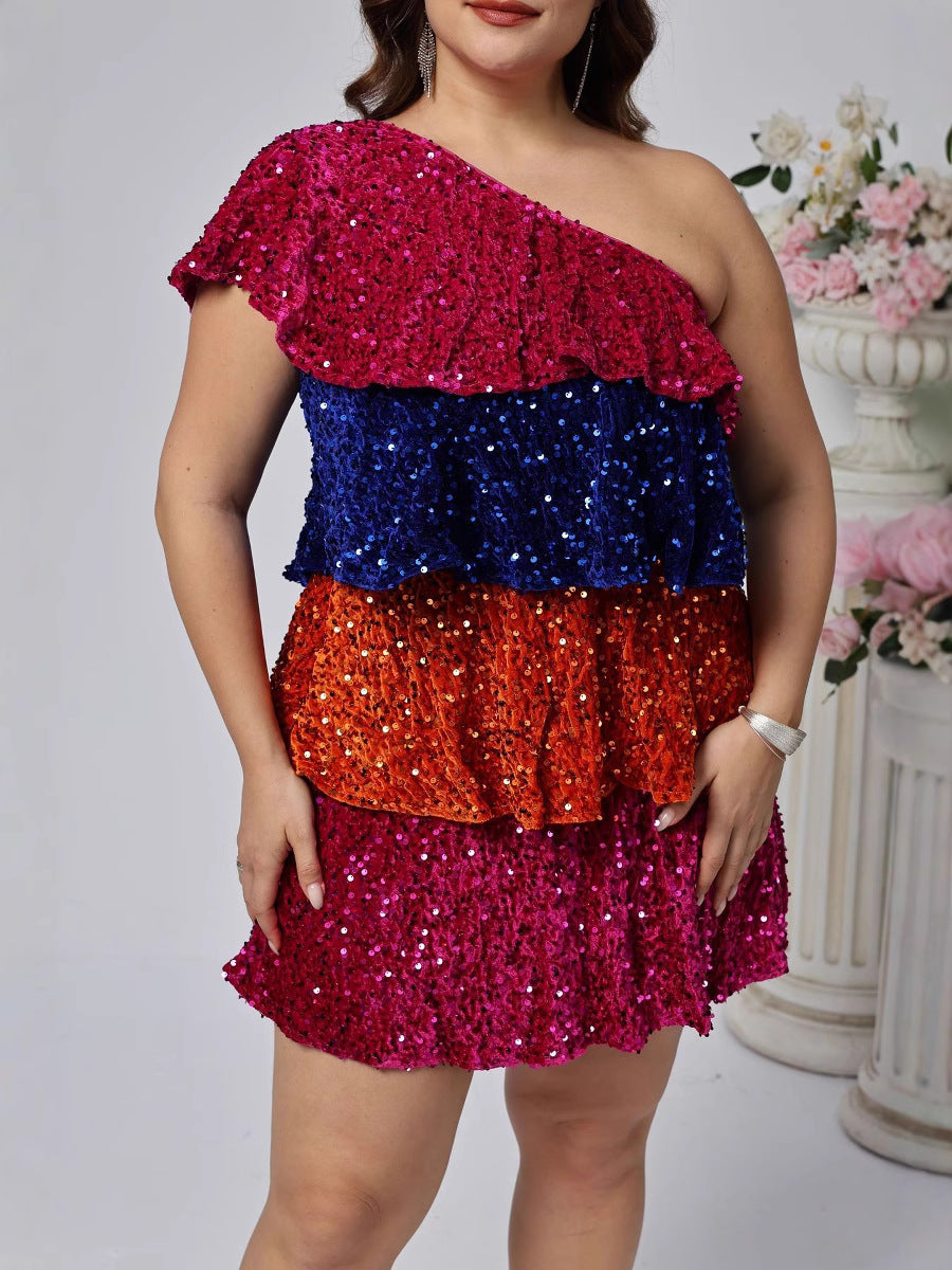 Tiered Color Block Sequin Mini Dress with One-Shoulder