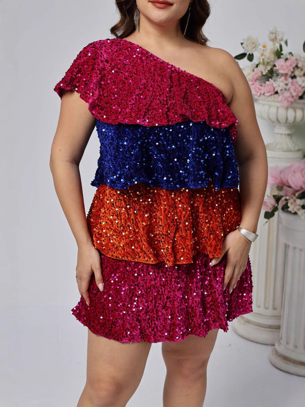 Tiered Color Block Sequin Mini Dress with One-Shoulder