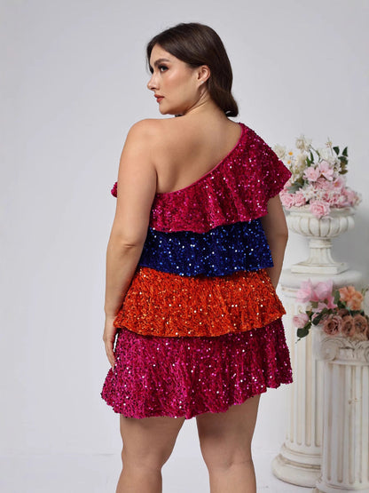 Tiered Color Block Sequin Mini Dress with One-Shoulder