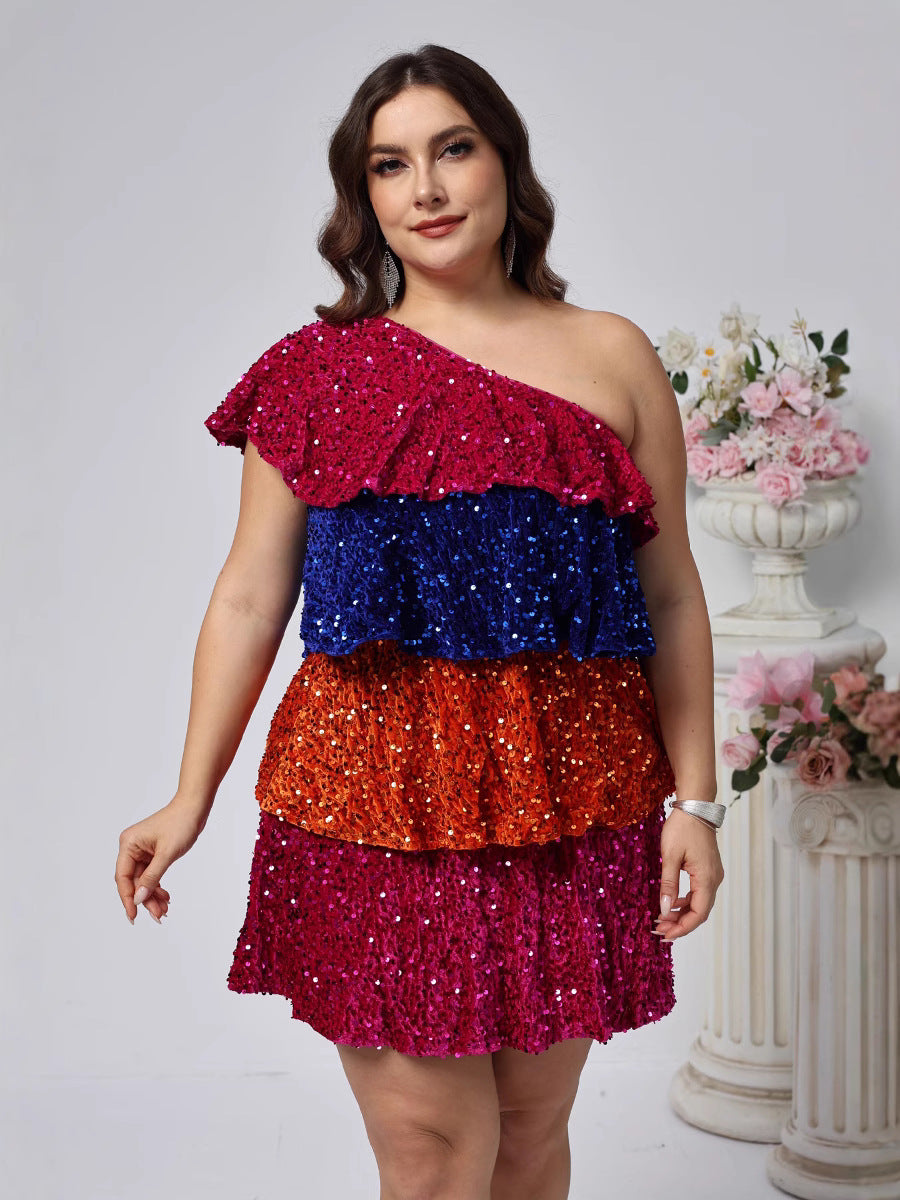 Tiered Color Block Sequin Mini Dress with One-Shoulder