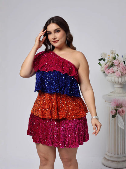 Tiered Color Block Sequin Mini Dress with One-Shoulder