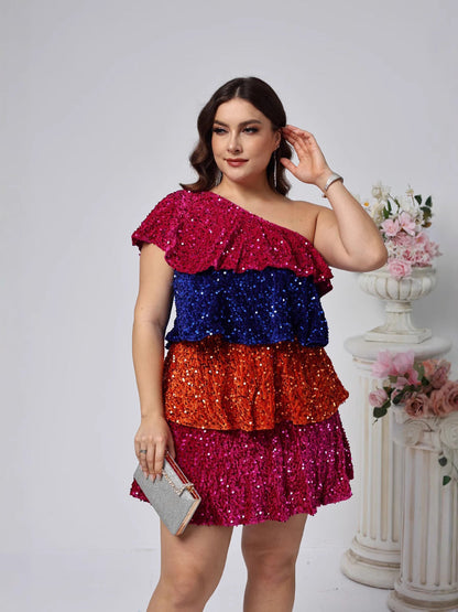 Tiered Color Block Sequin Mini Dress with One-Shoulder