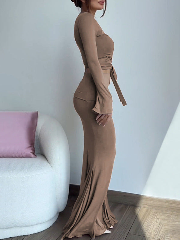 Solid Two-Piece Set with Wrap Top and Mermaid Maxi Skirt