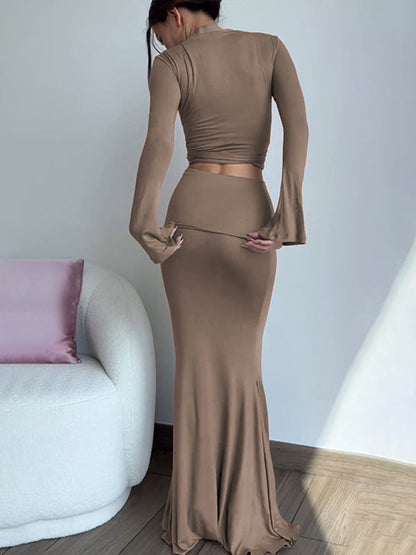Solid Two-Piece Set with Wrap Top and Mermaid Maxi Skirt