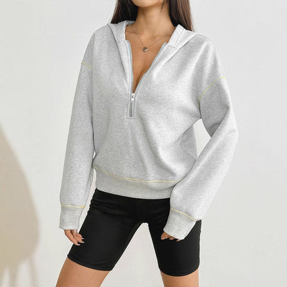 Cropped Hooded Sweatshirt with Quarter-Zip and Contrast Stitching