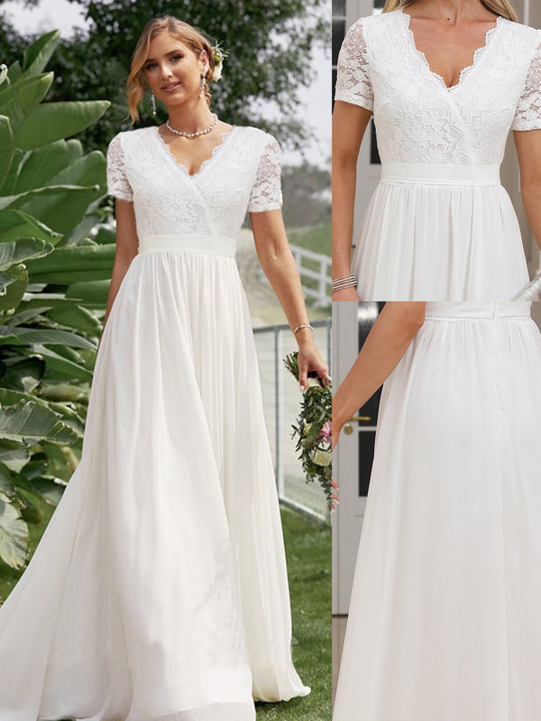 A-Line Maxi Dress with Lace V-Neck Bodice and Chiffon Skirt