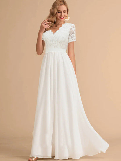 A-Line Maxi Dress with Lace V-Neck Bodice and Chiffon Skirt