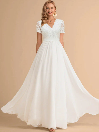 A-Line Maxi Dress with Lace V-Neck Bodice and Chiffon Skirt