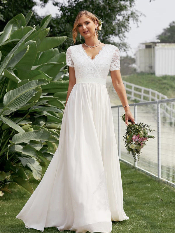 A-Line Maxi Dress with Lace V-Neck Bodice and Chiffon Skirt