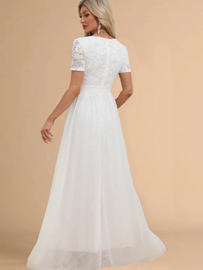 A-Line Maxi Dress with Lace V-Neck Bodice and Chiffon Skirt