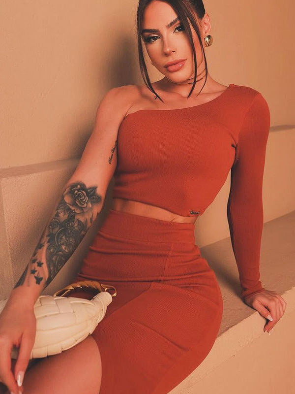 Ribbed Knit Skirt Set with One-Shoulder Crop Top and Front Slit