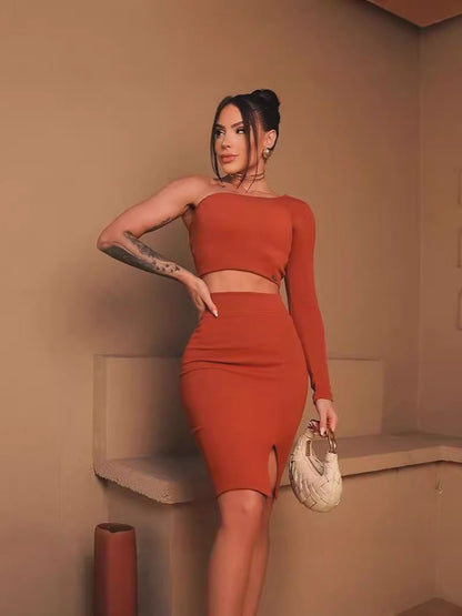 Ribbed Knit Skirt Set with One-Shoulder Crop Top and Front Slit