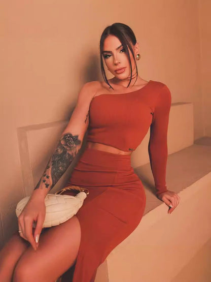 Ribbed Knit Skirt Set with One-Shoulder Crop Top and Front Slit
