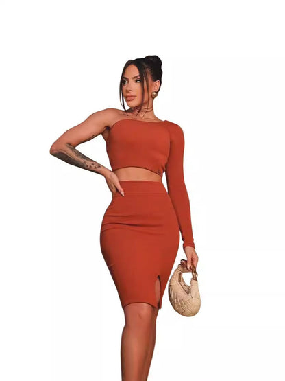 Ribbed Knit Skirt Set with One-Shoulder Crop Top and Front Slit