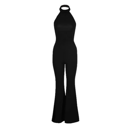 Black Halterneck Crop Top and High-Waist Flared Trousers Set