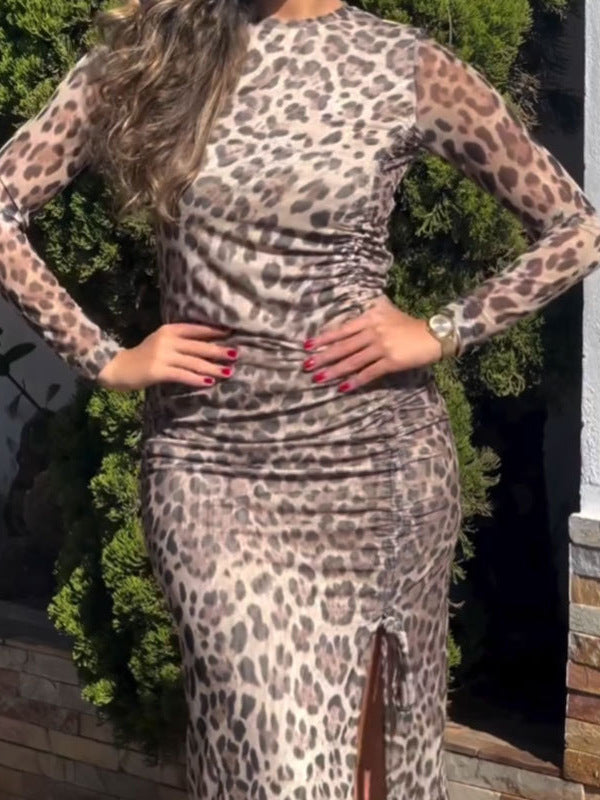 Leopard Print Bodycon Midi Dress with Ruched Slit
