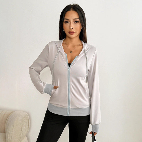 Slim Fit Zip-Up Hoodie with Drawstring Hood and Contrast Trim