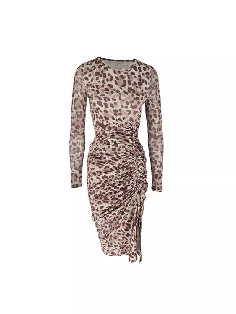 Leopard Print Bodycon Midi Dress with Ruched Slit
