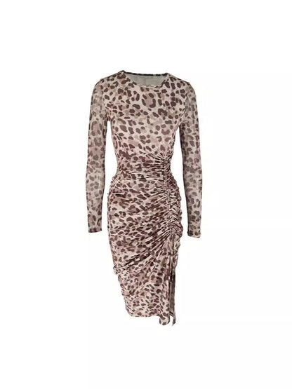 Leopard Print Bodycon Midi Dress with Ruched Slit