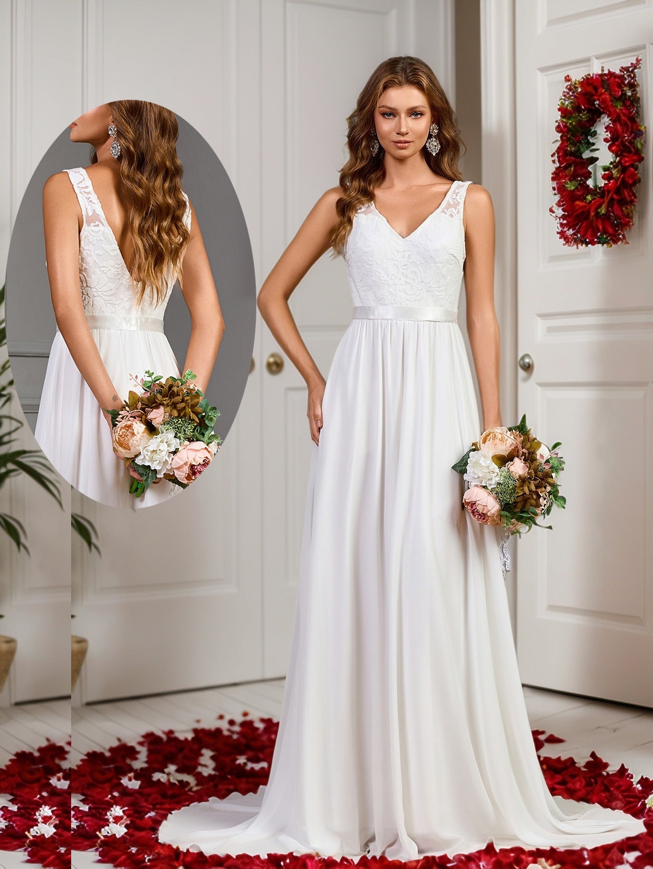 A-Line Wedding Gown with Sleeveless Lace V-Neck