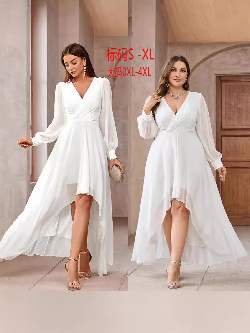 Solid Color High-Low Maxi Dress with V-Neck