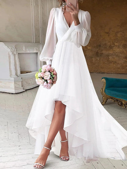 Solid Color High-Low Maxi Dress with V-Neck